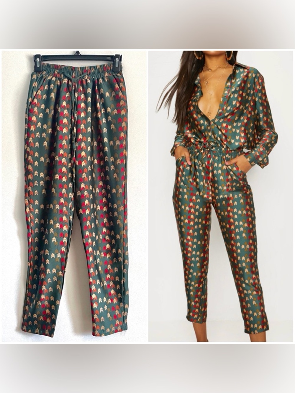 PrettyLittleThing Geo Print Satin Cigarette Pants High Waist Vintage PJ Style